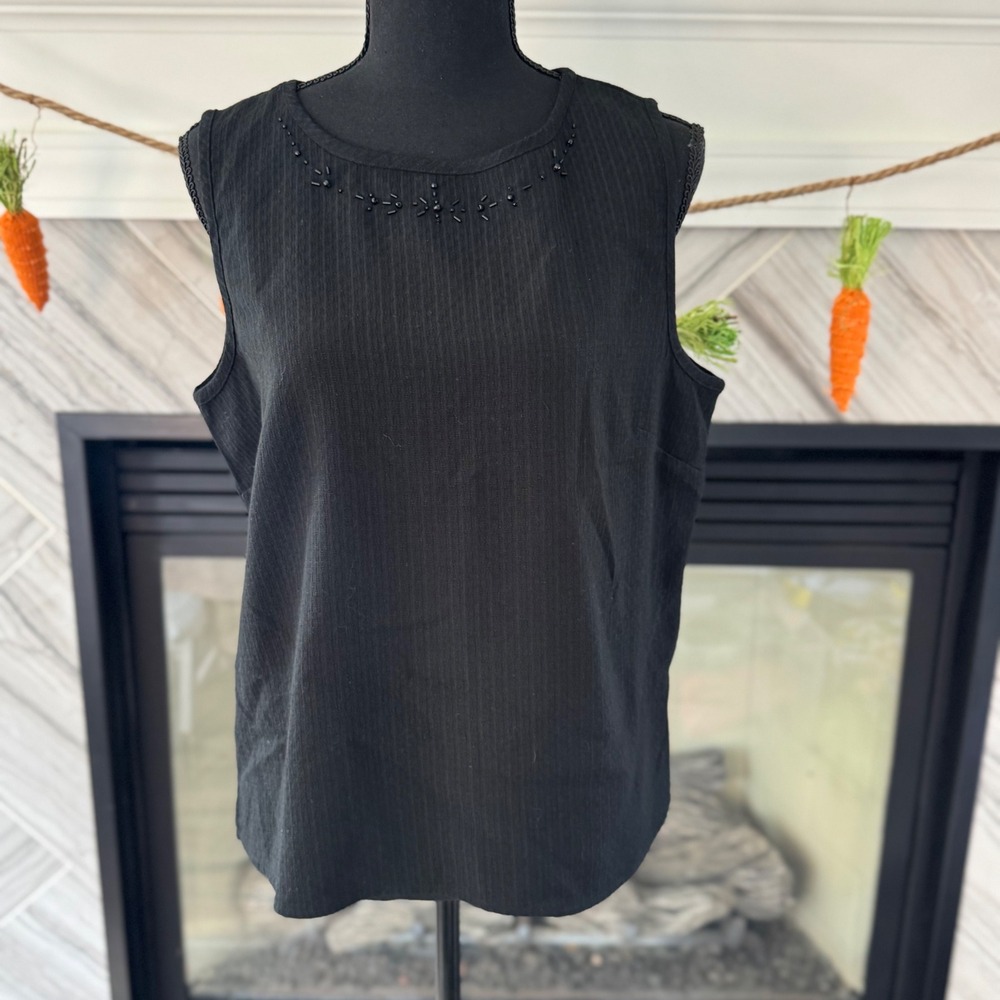 Koret Sleeveless Top Beaded‎ Neckline Ribbed Knit Tank Top Black Medium